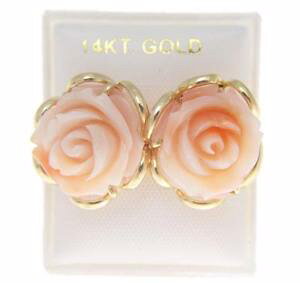 yzlbNX@sNX^bhCO\bhkCG[S[hgenuine natural pink coral carved flower stud earrings solid 14k yellow gold