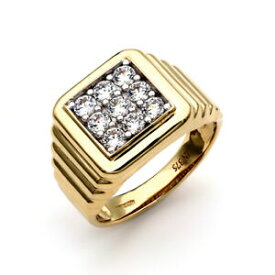 【送料無料】ネックレス　メンズゴールドクラスタリブmens 9ct gold cz 9 stone square cluster ribbed signet ring