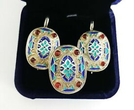 【送料無料】ネックレス　ヴィンテージシルバー925エナメルカザフスタンイアリングセットantique vintage silver 925 carnelian enamel kazakhstan jewelry earrings ring set