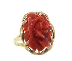 yzlbNX@\bhkCG[S[hOZbggenuine natural red coral carved flower ring set in solid 14k yellow gold