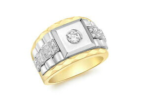 �y���������z�l�b�N���X�@�J���[�S�[���h�����Y�N���A�X�g�[�����u�����O9ct 2 colour gold mens clear stone ribbed square ring