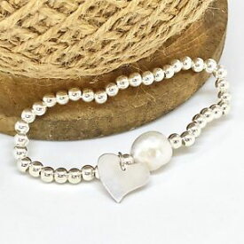 【送料無料】ネックレス　シルバービーズパールハンドメイドストレッチハートブレスレットchunky silver bead stretch heart bracelet with freshwater pearl handmade