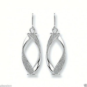 �y���������z�l�b�N���X�@�z���C�g�S�[���h�X�p�C�����h���b�v�C�������O9ct hallmarked white gold sparkling moondust inlaid spiral drop earrings