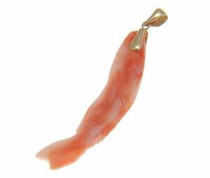�y���������z�l�b�N���X�@�s���N�R�[�����y���_���gk�C�G���[�S�[���hgenuine natural pink coral 3d 2 sided carved fish pendant 14k yellow gold 95mm