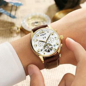 �y���������z�@�r���v�@�����Y�X�e�����X�X�`�[���P�[�Xkinyued mens automatic watch date stainless steel case leather wrist watch