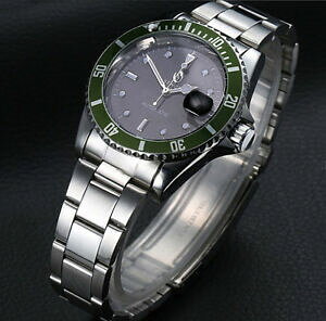 �y���������z�@�r���v�@�X�`�[���A�i���O�x�[���O���[���X�C�[�vautomatic watch sewor steel analog bezel green sweep movement day