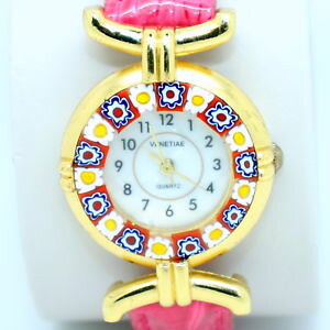 yz@rv@mverreNI[cmontre deFjXavec~btBI[etmurano verre quartz montre de venice avec millefiori et bracelet rose or bordure