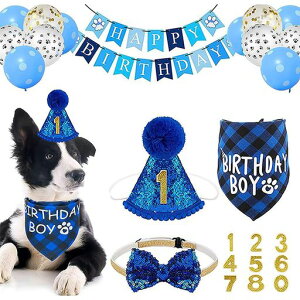 ポクミルペット誕生日帽子犬バースデー飾り付け25キットペット猫誕生日数字付きおしゃれ帽子蝶ネクタイバンダナ風船誕生日グッズ誕生日記念日バナーパーティー飾り(ブルー)