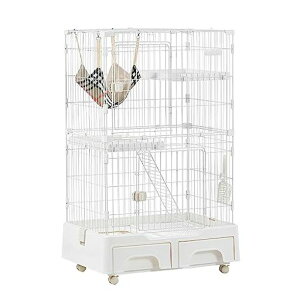 OSJ猫ケージキャットケージ2段猫トイレ付キャスター付ハンモック付猫ゲージおしゃれキャットハウスネコハウス多段留守番保護脱走防止多頭飼い多頭スチールペットケージホワイト