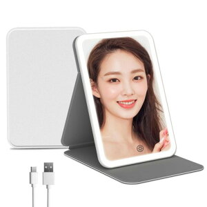 女優ミラー鏡ライト付き卓上化粧鏡-USBタイプC充電対応角度調節可能明るさ無段階調光3色モードledミラーかがみ