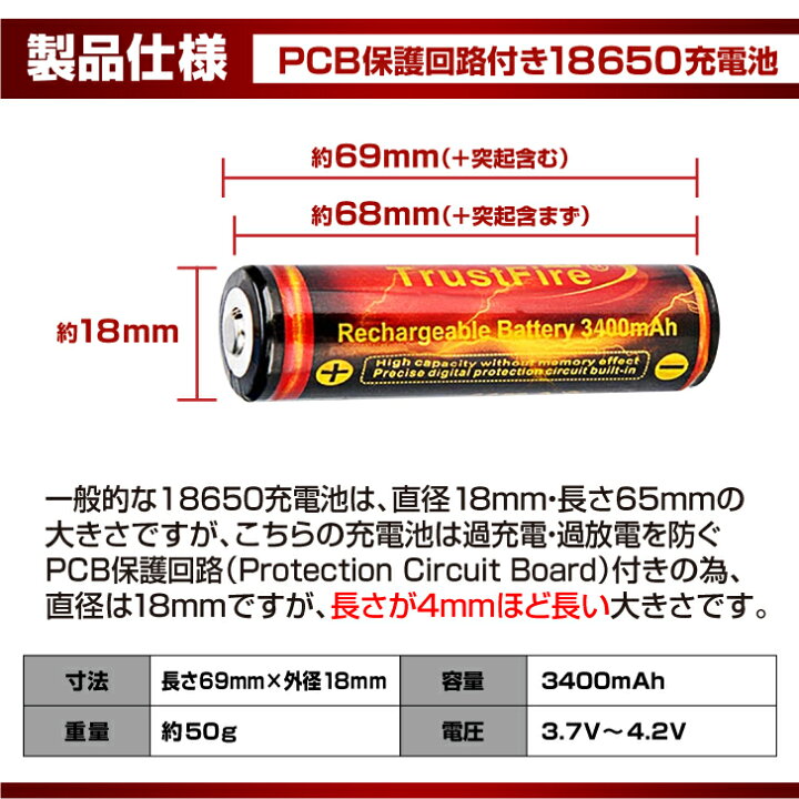 楽天市場 リチウムイオン 電池 大容量 3400mah バッテリー リチウムイオン 充電池 3 7v 4 2v 長さ 69mm 保護回路 Pse 認証 法定届け出 Trustfire トラストファイヤー 正規品 保証 2本 セット カメラ 懐中電灯 長時間 非常用 照明 電源 防犯 防災 テレワーク 備蓄品