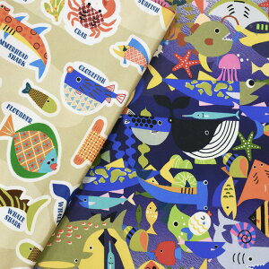 ※再入荷予定【数量3(30cm)から10cm単位】≪ラミネート/折りで発送≫シーチングプリント おしゃれなさかな図鑑 The stylish fish picture book RICONIC 魚柄 海の生き物