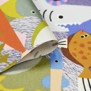 ※再入荷予定【数量3(30cm)から10cm単位】≪ラミネート/巻きで発送≫ シーチングプリント おしゃれなさかな図鑑 The stylish fish picture book RICONIC 魚柄 海の生き物