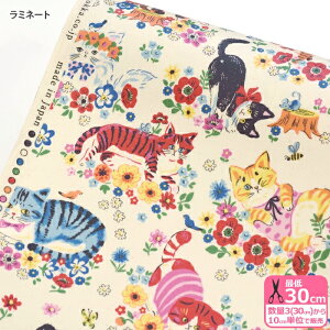 【数量3(30cm)から10cm単位】≪ラミネート/巻きで発送≫KOKKA コッカ Powerful animal フラワー×ネコ オックスラミネート