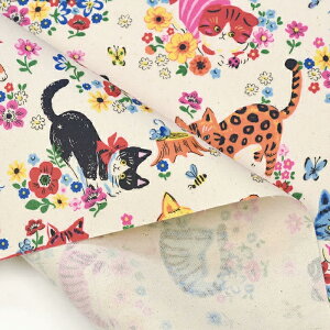 【数量3(30cm)から10cm単位】≪ラミネート/折りで発送≫ KOKKA コッカ Powerful animal フラワー×ネコ オックスラミネート