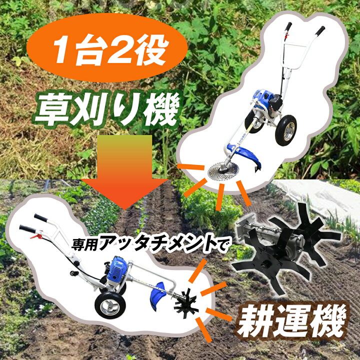 楽天市場】エンジン草刈機 手押し式草刈機+専用耕運アタッチメント 