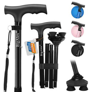 ビグアレクス(BigAlex)折りたたみ杖 ステッキ 自立杖 ブラック男性女性 5段階調節 おしゃれ 倒れない 高齢者 介護 軽量 アルミ 長さ調整可能 歩行支援 夜間散歩 母の日 父の日 敬老の日 プレ