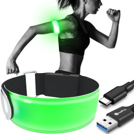 LEDアームバンド USB C 充電式 夜間スポーツ用 ランニング ジョギング ウォーキング ライト 安全確保 高輝度 ライトベルト 夜間の事故防止 回避 反射材 グマジックテープ 伸縮性あり 着用心地いい (グリーン)