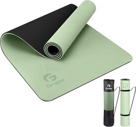 Gruper ヨガマット 6mm 8mm エクササイズマット フィットネスマット トレーニングマットTPEリング保護素材 軽量 耐久性 肌に優しい 両面の滑り止 屋内運動 ピラティスマット持ち運び 収納簡単 (抹茶グリーン+収納袋, 6mm)