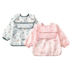 MOMSMENU 食事用エプロン ベビー お食事エプロン 長袖 子供用 防水 軽量 立体ポケット 6ヶ月から18ヶ月 2枚セット
