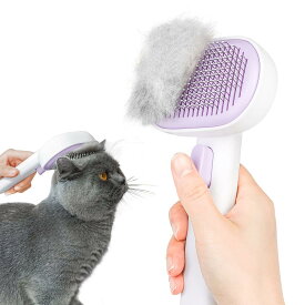 aumuca(アウムカ) ペット用ブラシワンプッシュ式！ブラッシングブラシ 猫ブラシ 犬用ブラシ スリッカーブラシ ワンプッシュ式 抜け毛取りクリーナ ー マッサージ 痛くない 丸洗い可能 皮膚に優しい 犬猫通用 中毛 長毛 種向け (パープル)