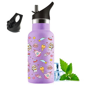 ストロー付き水筒 350ml 子供用 可愛いイ ラスト 二重構造 304ステンレス製 保温・保冷対応 漏れ防止 軽量 食洗機・炭酸・保温保冷対応 漏れ防止 学校・旅行・アウトドア用 宇宙冒険デザイン