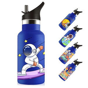 ストロー付き水筒 350ml 子供用 可愛いイ ラスト 二重構造 304ステンレス製 保温・保冷対応 漏れ防止 軽量 食洗機・炭酸・保温保冷対応 漏れ防止 学校・旅行・アウトドア用 宇宙飛行士柄