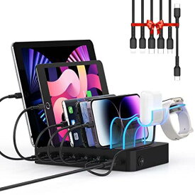 首佩 急速充電60W 6ポートUSB充電ステーション、PSE認証済 充電スタンド 6本の充電ケーブルが含まれ、 i Phone iPad iWatch iPodと互換性があり、I-Watch充電器ホルダー、電話、タブレット、その他の電子機器用