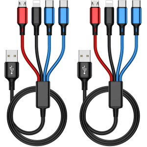 usb 充電ケーブル 4in1 (デュアルUSB C 2本入) 携帯電話、タブレット、イヤホン、その他のデバイスを充電するためのマルチ充電ケーブル (非急速充電) ナイロン編組 3in1 USB ケーブル