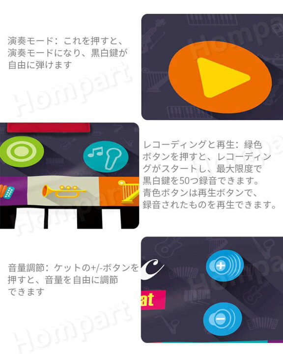 楽天市場 ピアノ おもちゃ こども 音楽再生 電池式 知育玩具 24つの鍵 音楽マット 8種楽器 録音 再生 180 74cm 大きいサイズ 子供 子ども 音楽 玩具 楽器 演奏 知育 教育 子どもの日 プレゼント ギフト 贈り物 贈りもの 男の子 女の子 オモチャ Hompart