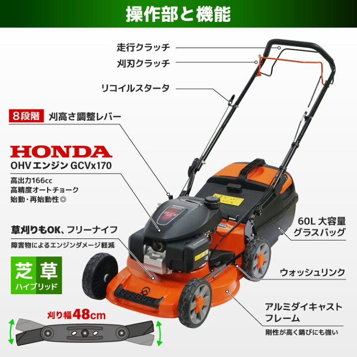 楽天市場】芝刈り機 プラウ ホンダエンジン 自走式 芝刈機 エンジン式 