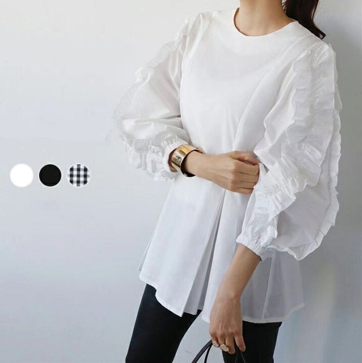 楽天市場 フリル袖 ブラウス 黒ブラウス レディース 長袖 袖フレア トップス フレア袖 夏 白ブラウス 袖フリルトップス フリルトップス フリルシャツ チェック 長袖カットソー ゆったり 体型カバー ゆったりシャツ カジュアルシャツ おしゃれ Aライン かわいい 大人
