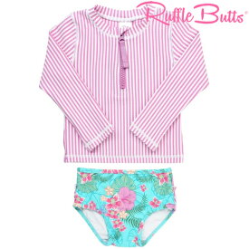 【メール便可】RUFFLE BUTTS ラッフルバッツ水着 長袖 ラッシュガード ＆ふりふりビキニ ジッパー付き ストライプ＆トロピカル花柄 UFP+50 日焼け対策 スイミング 海 プール 水遊び 川遊び 夏ベビー/赤ちゃん＆キッズ/子供用 NEW