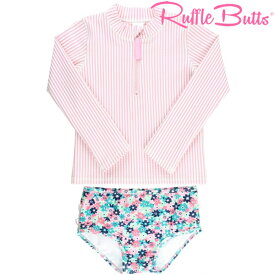 【メール便可】RUFFLE BUTTS ラッフルバッツ長袖 ラッシュガード ＆ビキニ ジッパー付き ストライプ＆花柄 水着 トップ ビキニ UFP+50 日焼け対策 スイミング 海 プール 水遊び 川遊び 夏ベビー/赤ちゃん＆キッズ/子供用【再入荷なし】