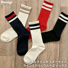 靴下 ソックス ハイクルー丈 ライン入り 綿混 ナイロン混 アクリル混 スポーティー カジュアル レディース Honeys ハニーズ ライン入りハイクルー丈ソックス