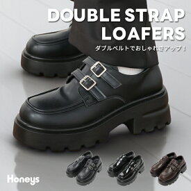 靴 シューズ ローファー ダブルベルト 合皮 エナメル合皮 厚底 ぽこぽこクッション ガーリー レディース Honeys ハニーズ ダブルベルトローファー