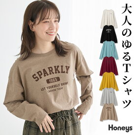 【8000枚限定！2000円以上500円OFFクーポン対象】トップス Tシャツ ロンT 長袖Tシャツ カットソー 長袖 ロゴ クルーネック 綿 ゆったり スリット レディース Honeys ハニーズ ロゴプリントゆるTシャツ