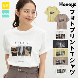 SALE トップス Tシャツ 半袖Tシャツ カットソー 半袖 ハニさら フォトプリントTシャツ UVカット 接触冷感 レディース セール Honeys ハニーズ フォトプリントTシャツ