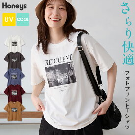 SALE トップス カットソー 半袖 接触冷感 ハニさら Tシャツ 半袖Tシャツ UVカット 遮熱 プリント レディース セール Honeys ハニーズ フォトプリントTシャツ