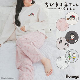 【最大2000円OFFクーポン♪】ルームウェア 部屋着 ちびまる子ちゃん 綿 裏毛 長袖 クルーネック プリント 総柄 レディース Honeys ハニーズ ちびまる子ちゃん／ルームウェア（上下セット）