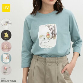 【最大2000円OFFクーポン♪】トップス Tシャツ 7分袖Tシャツ カットソー UVカット プーさん キャラクター 綿混 プリント レディース Honeys ハニーズ プーさん／7分袖Tシャツ