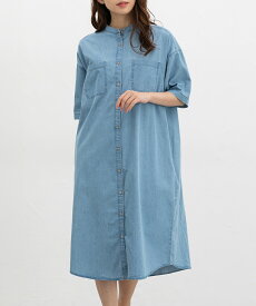 SALE ワンピース 半袖 ロング丈 ハニさら デニムワンピース 接触冷感 フリーサイズ マオカラー フロントボタン レディース セール Honeys ハニーズ クールデニムワンピース