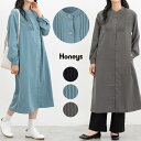 ＼期間限定クーポン配布中♪／ワンピース 長袖 ロング丈 シャツワンピース ピンタック マオカラー ふんわり袖 ツイル素材 無地 レディース Honeys ハニーズ ピンタックシャツワンピ