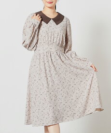 SALE ワンピース 長袖 ひざ丈 大きいサイズ 衿付き 配色 無地 花柄 後ウエストゴム 裏地付き ガーリー 小さいサイズ レディース セール Honeys ハニーズ 衿付ワンピース