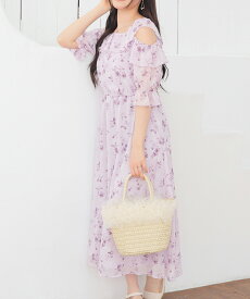 【最大822円OFF！9/14 1:59まで】SALE ワンピース ノースリーブ ロング丈 大きいサイズ 肩あき フリル シャーリング ボリューム袖 ジョーゼット レディース セール Honeys ハニーズ 肩あきワンピース