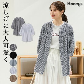 SALE トップス ブラウス チュニック スキッパー マオカラー 6分袖 綿100％ 無地 チェック柄 ストライプ柄 レディース セール Honeys ハニーズ 6分袖切替チュニック