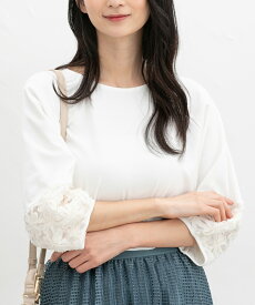 ＼最大2000円OFFクーポン配布中♪／★期間限定価格★SALE トップス カットソー レース使いトップス レース チュール シフォン ストレッチ 無地 レーヨン混 レディース セール Honeys ハニーズ 7分袖レース使いトップス
