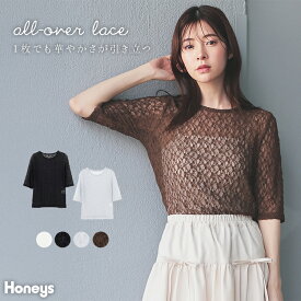 【最大2000円OFFクーポン♪】トップス カットソー 総レース レース 花柄レース 花柄 ストレッチ ナイロン混 ガーリー 秋 白 黒 レディース Honeys ハニーズ 総レーストップス
