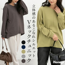 【全品対象5%OFFクーポン♪】トップス カットソー 長袖 チュニック Vネック ストレッチ レーヨン混 カジュアル 冬 黒 レディース Honeys ハニーズ Vネックチュニック