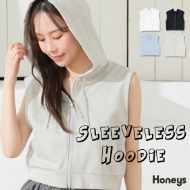 SALE トップス パーカー ジップパーカー ジップアップパーカー スウェット ノースリーブ 無地 綿100％ レディース セール Honeys ハニーズ ノースリーブパーカー
